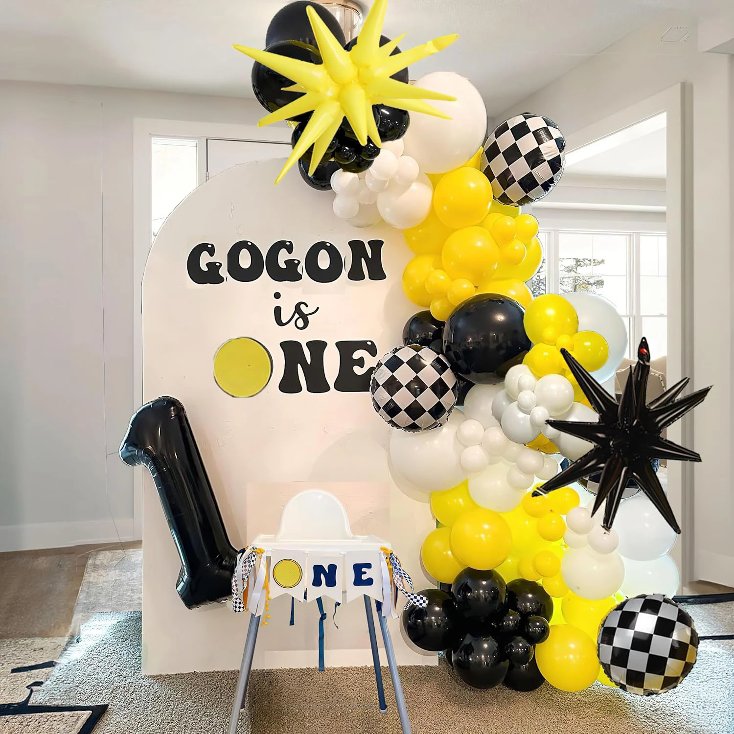One Happy Dude, yellow and black balloon set, 126 balloons with checkered aluminum foil balloons, birthday party supplies