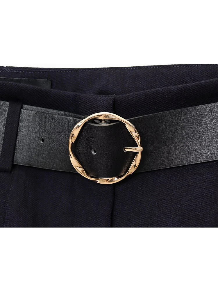 New Women's Solid Color PU Belt Shorts Set Elegant Round Neck Short Coat Wide Leg Short Pants Autumn 2025 Casual Women Clothing