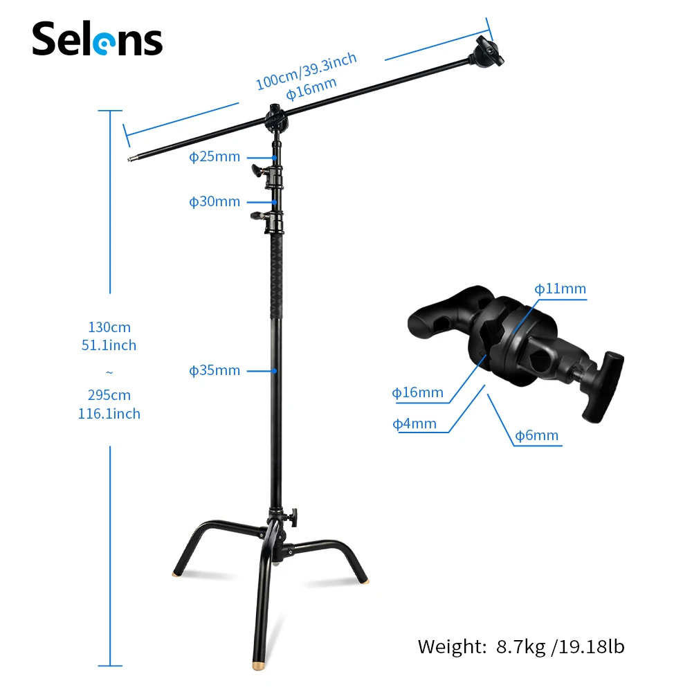 Selens Stainless Steel C-Stand Light Stand Tripod With Boom Arm