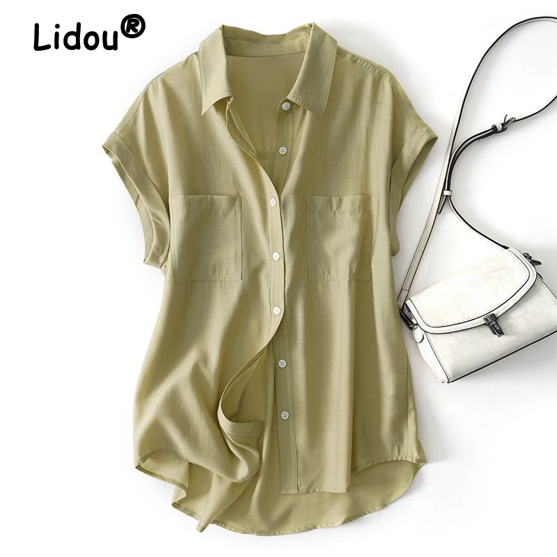 

Women Summer Simple Business Casual Button Shirts Solid Short Sleeve Office Lady Elegant Blouses Irregular Tops Blusa Mujer Moda