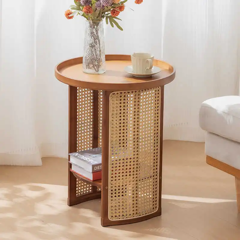 Side Desk Living Room Small Coffee Table Bedside Side Cabinet Creative Round Balcony Small Desk Japanese Rattan Table