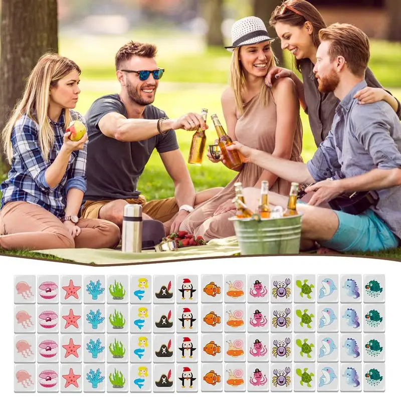 Mahjong Game Set 65PCS Flag Pattern Tile Games Mahjong Tiles Set for Family Party Seaside Escape Block Puzzle Fun Board Games 4