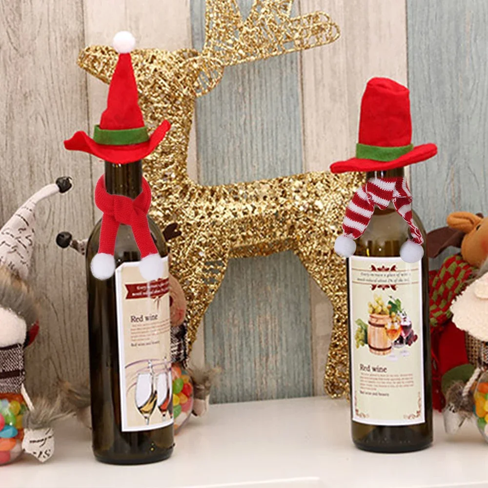 Mini Knitting Scarf Wine Bottle Decor Xmas Tree Ornament Pompon Red Scarf Christmas New Year Party Decoration Supplies 10/1PCS