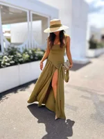 Suninheart Green Dress Women's Evening Dress with Scarf - Lace Up Back High Slit Party Maxi Bodycon Dress for Vacation Wedding - Image 4