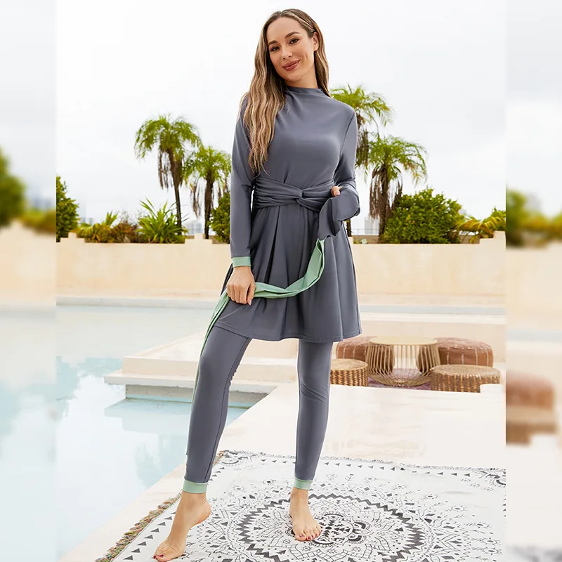 3 Pieces Plus Size Muslim Swimwear 2024 Gray Ruffle Burkini Swimsuits Women  Burkinis Long Tops Pants Cap Maillot De Bain Femme