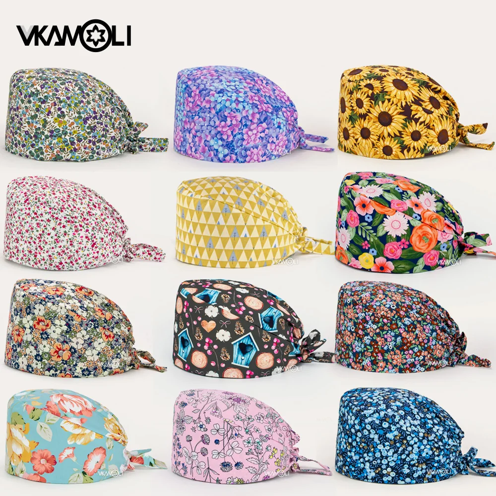 Flower printing Scrub Caps Dental Print Scrubs Hat 100 Cotton Women