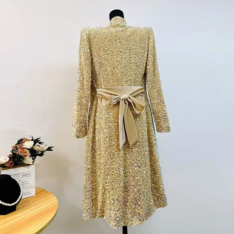 Autumn Winter blackish green velvet Shiny long coat women Stand collar Versatile noble temperament slim fit lady coat Trend