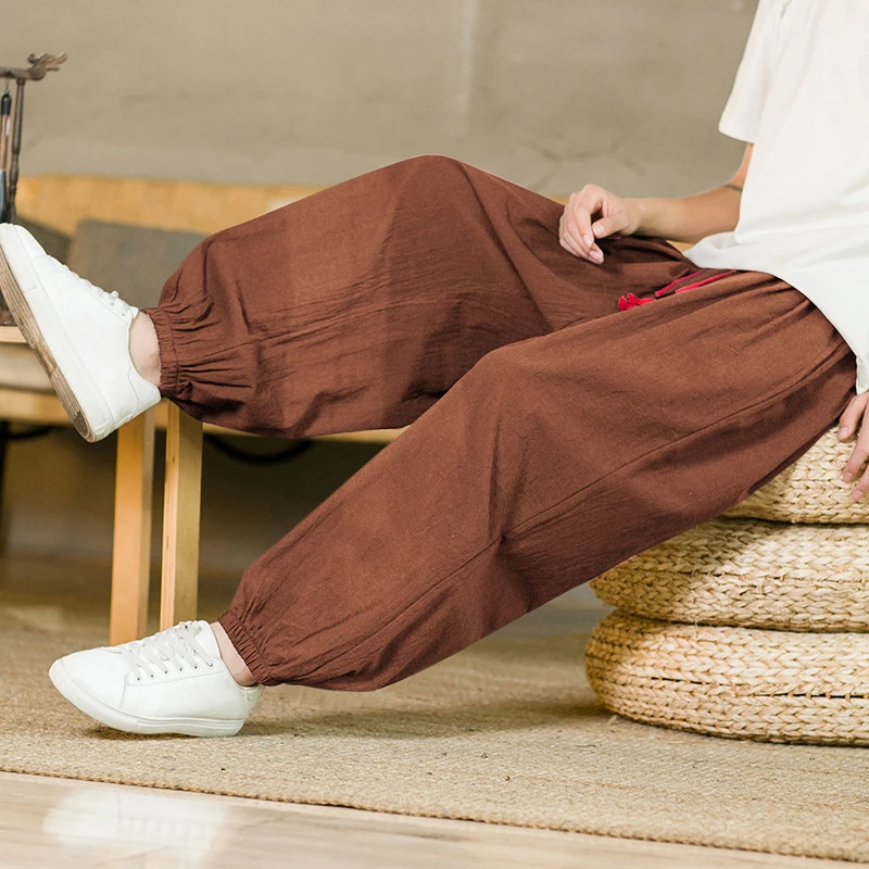 2024 Summer New Chinese Style Men's Breathable Cotton Linen Casual Pants Men's Loose Drawstring Harem Pants Lantern Pants