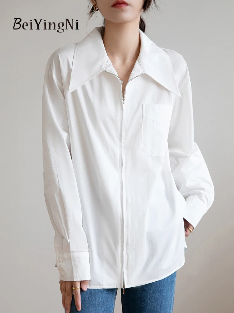 

Beiyingni Office Ladies White Shirts Zipper Pocket Spring Autumn Full Sleeve Blusas Women Solid Color Vintage Shirt Oversized