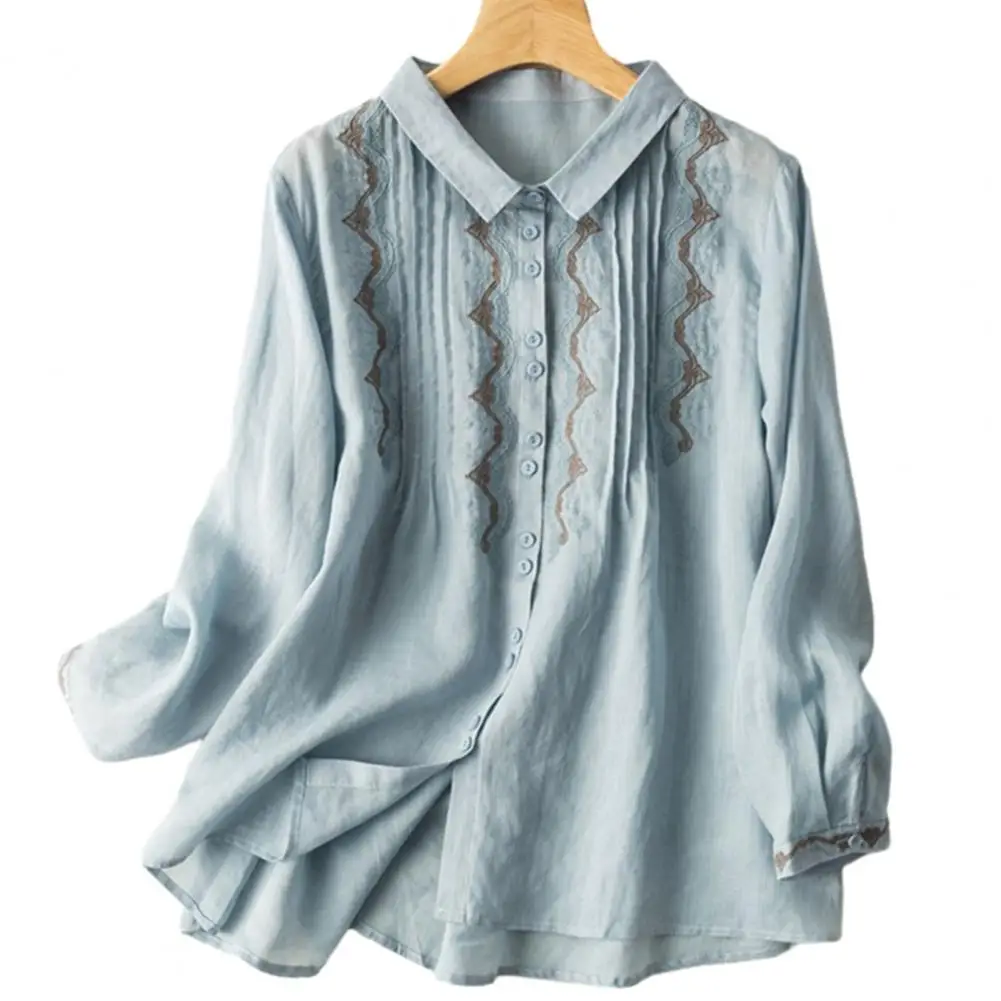 

Women Fall Shirt Lapel Long Sleeve Embroidery Decor Cardigan Top Loose Vintage Casual OL Style Buttons Lady Top Spring Blouse 상단