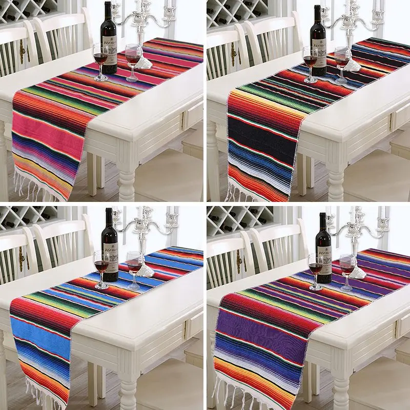 Lake blue Mexican Table Runner Multi Stripe Hand Woven Tablecloth For Fiesta Party Decor 