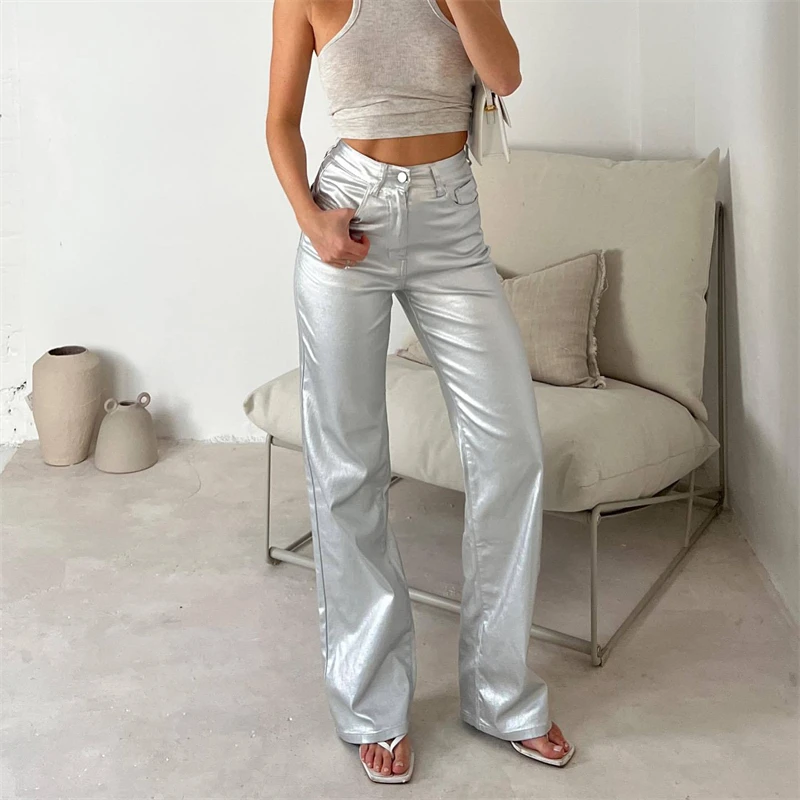 

Женские Модные Серебристые брюки с высокой талией, винтажные прямые брюки, повседневные женские блестящие штаны с карманами Y2K