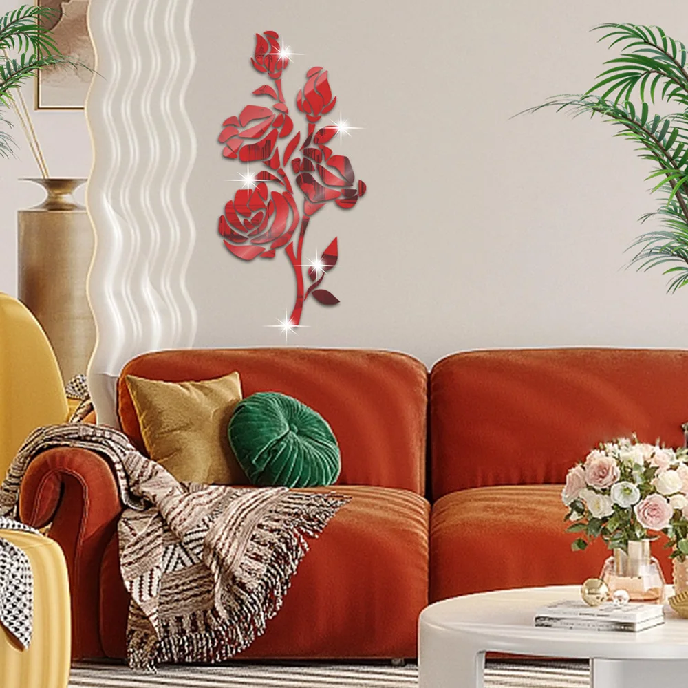 Lychee Life Rose Acrylic Mirror Wall Decal Door Living Room Bedroom Decal Mirror Effect Flower Vine Acrylic Wardrobe Wall