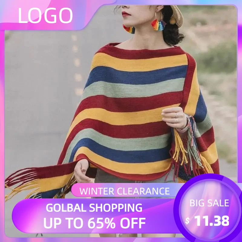 

Autumn And Winter New Warm Thickened Scarf Shawl Women's Sweater Elegant Bohemian Casual Classic Striped Coat Fringe Tops