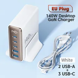 Toocki 140W GaN 5-in-1 Desktop Fast Charge USB Type C Charger with LED Display - EU White