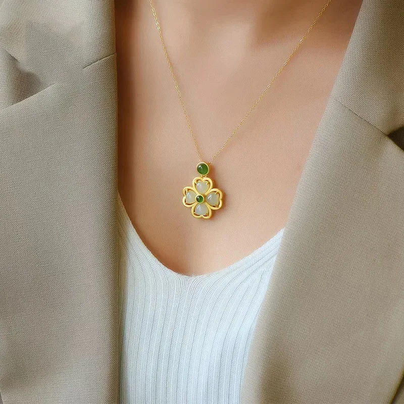 Pendant Necklace Natural Hetian Jade Clover Pendant Necklace 925 Silver Jewelry for Women