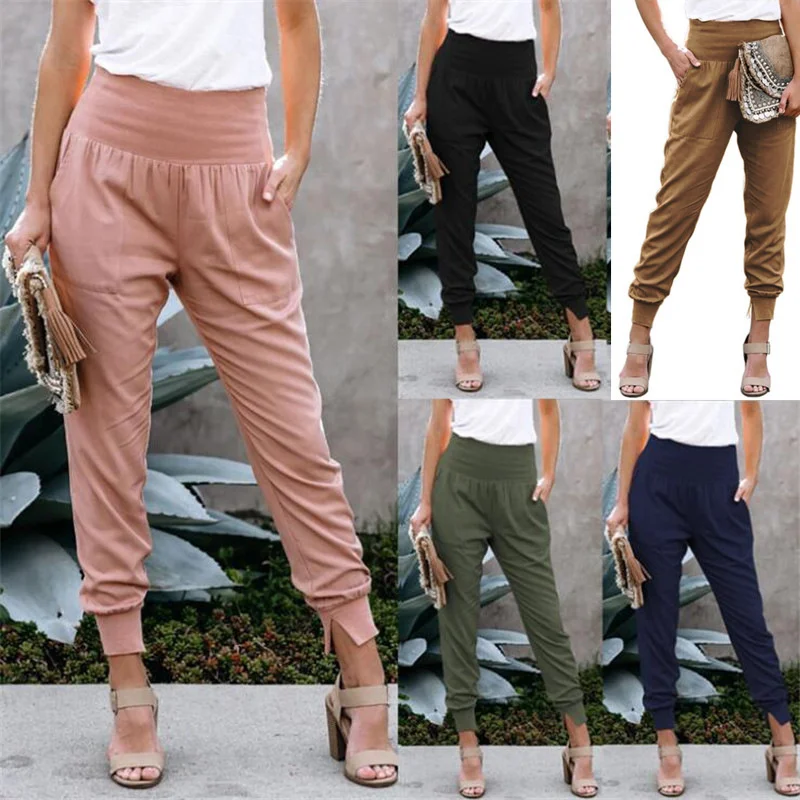 

Summer Women's Elastic Waist Cropped Trousers With Split Hem Solid Casual Pants