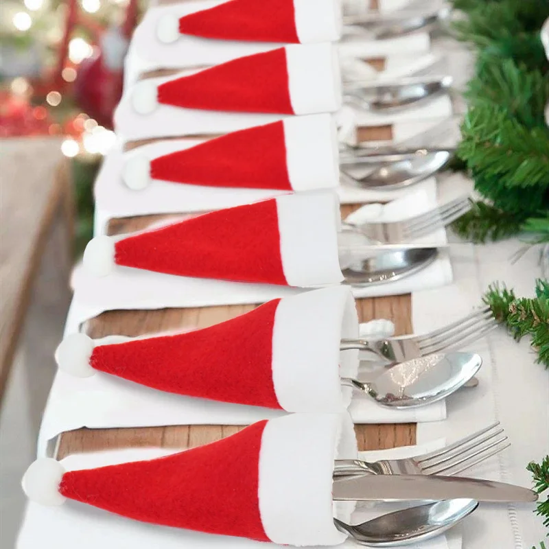 Christmas Decoration Tableware Holder Bag Christmas Hat Fork Knife Cutlery Bag Xmas Home Kitchen Decor Ornament Navidad New Year