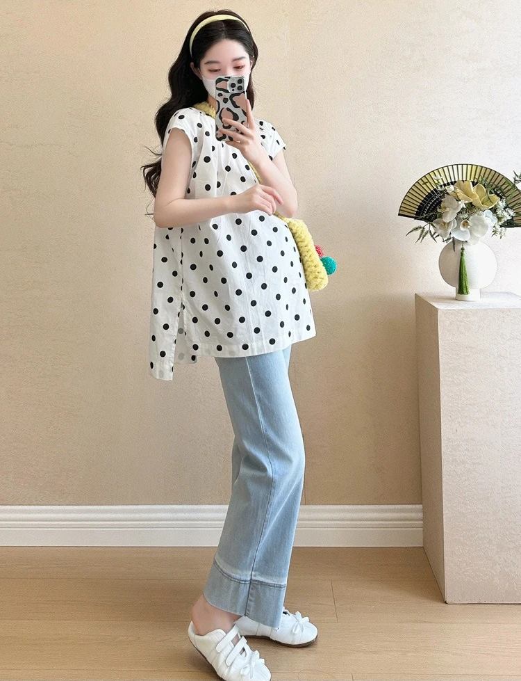 출산 셔츠 여름 민소매 느슨한 편안한 달콤한 귀여운 폴카 도트 라운드 넥 블라우스 임산부를위한 2026
