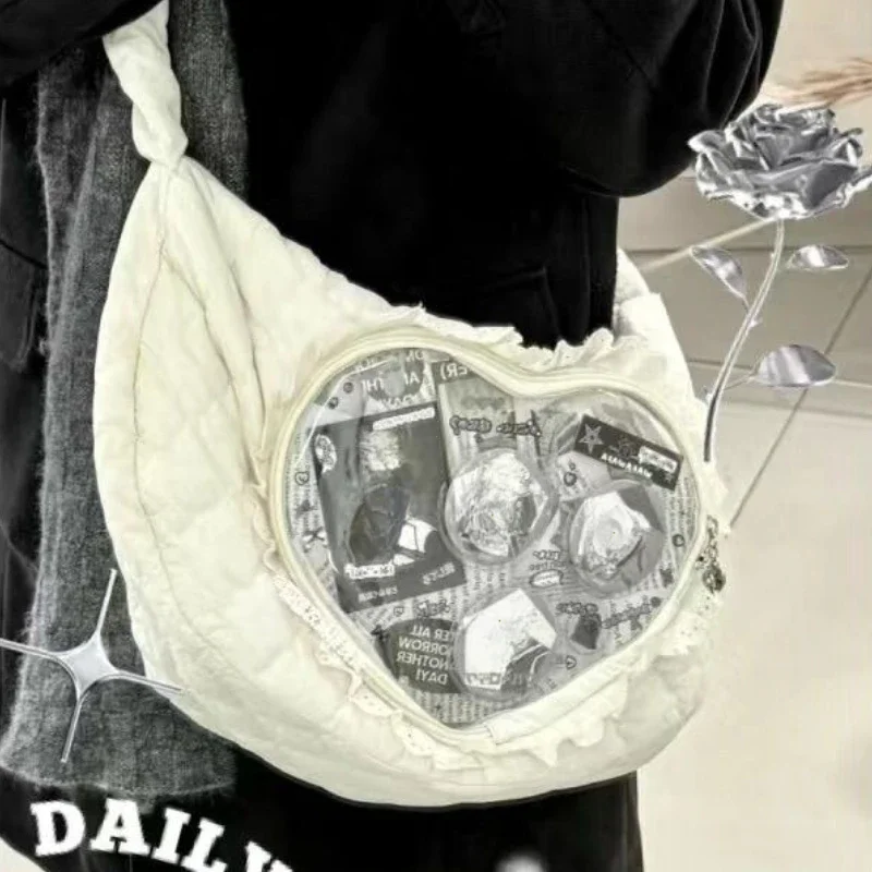 Pink Cute Womens Shoulder Bag Pleated Love Heart Lolita Jk Ita Bag Drawstring Ballet Style Sweet Fashion Female Handbag