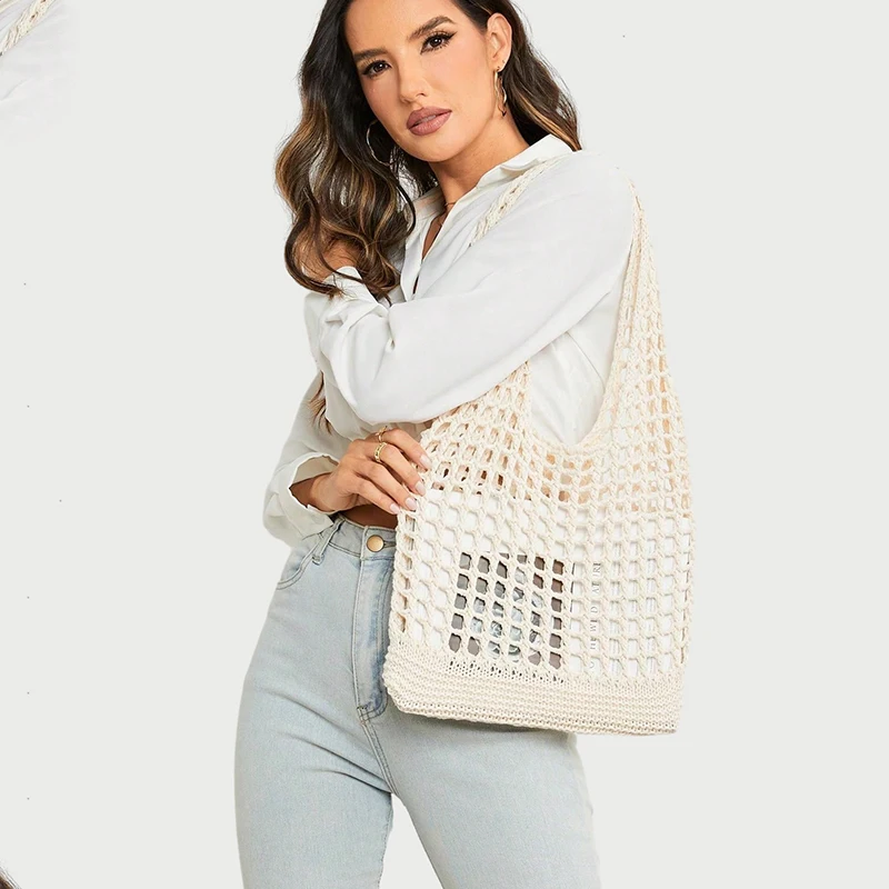 Fashion Crochet Bags for Women Summer Beach Tote Bag Aesthetic Totes Handbag Bohemian Woven Knit Shoulder Bag - 3