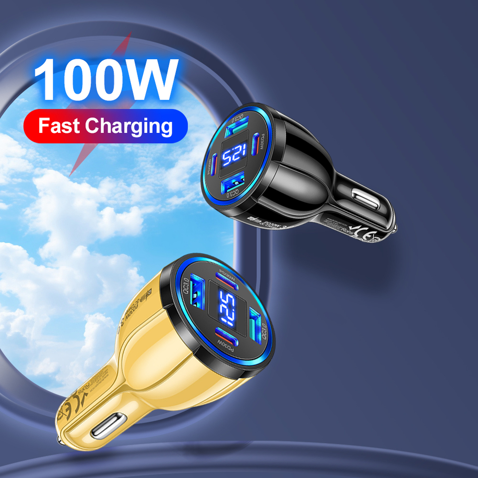 100W 4 Ports Car Charger USB Fast Charging with Digital Display Quick Charging Adapter for iPhone Samsung Xiaomi Type C Charger