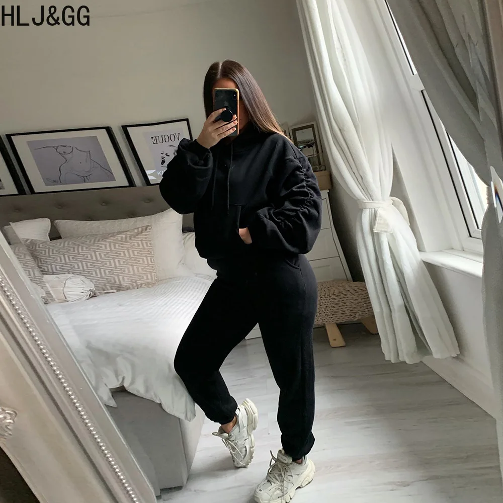 HLJ&GG Autumn Winter Casual Hooded Tracksuits Women Long Sleeve Sweatshirt And Jogger Pants Two Piece Sets Female Sporty Outfits