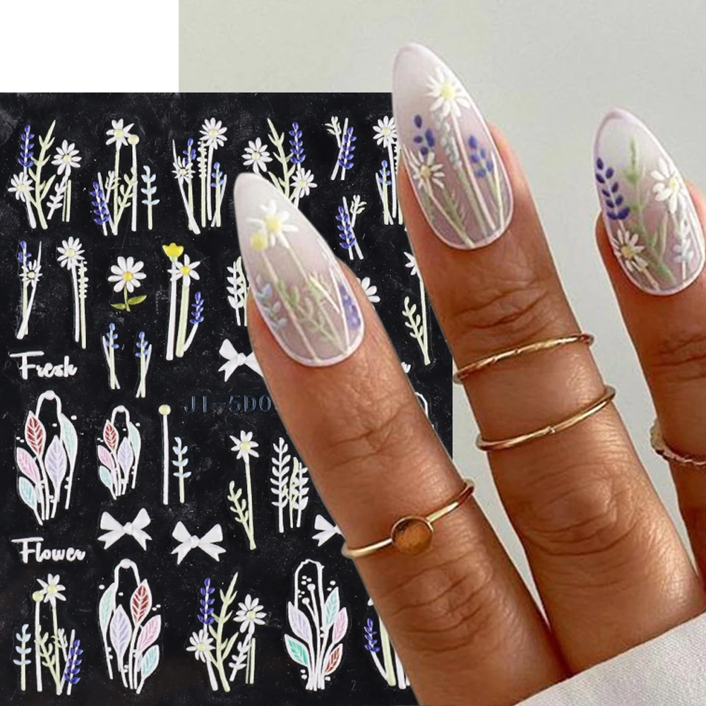 Lavender Nail Sticker 5D Acrylic Embossed Flowers Sliders Daisy Nail Art  Design Leaf Plants Decals Full Cover Wraps NTJI 5D03| | - AliExpress