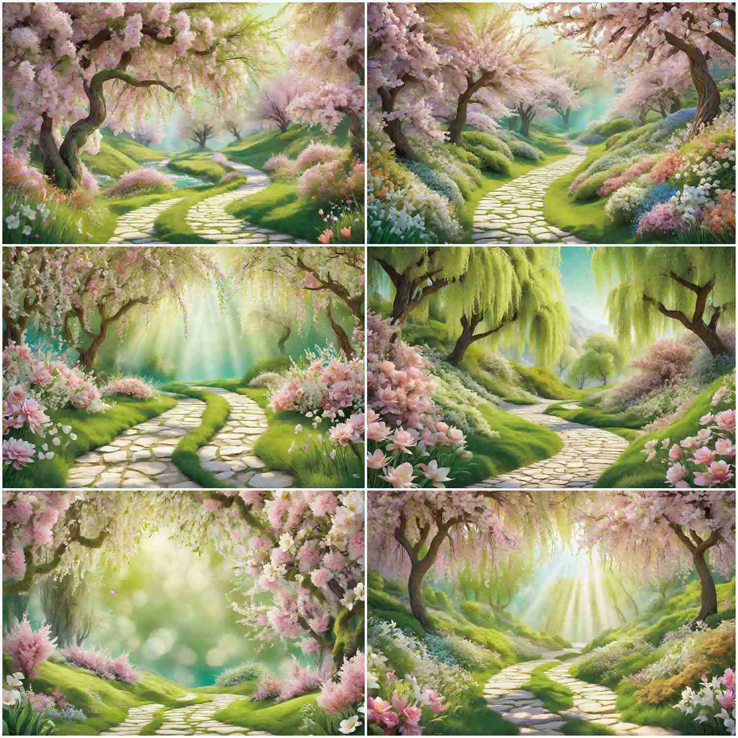 

MOON.QG 2024 Green Pink Spring Outing Photography Backdrop Natural Blossom Tree Park Holiday Studio Background 3D Shooting Props