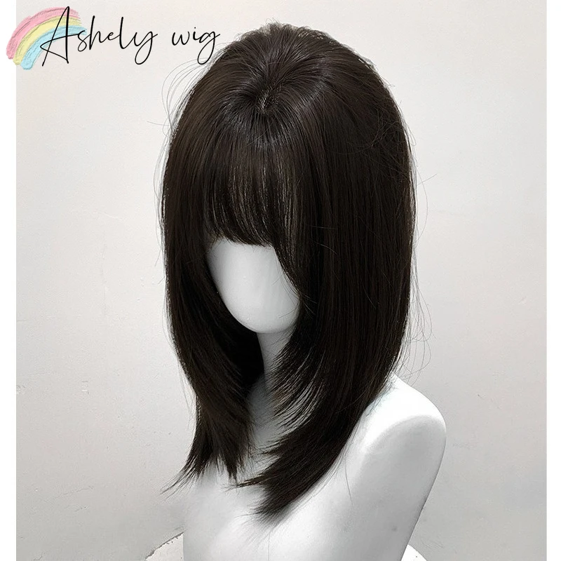 Ashely Black Wig Short Straight 16inch Hair Wig with Bangs Headband Wig High Temperature Fibers Synthetic Wigs Lolita Cosplay