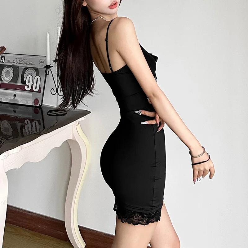 y2k Dress Women Sexy Lace Patchwork Tie Front Spaghetti Strap Sleeveless Bodycon Dress Club Party Dresses Clubwear