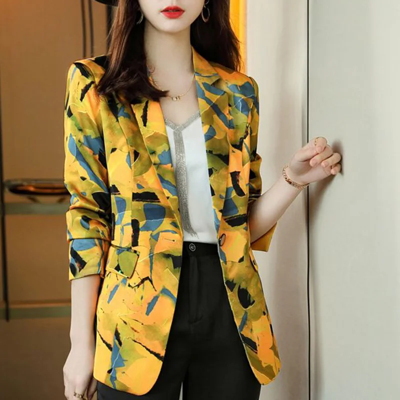 Elegant Lapel Button Spliced Pockets Printed Blazer Women's Clothing 2023 Autumn New Casual Tops All-match Office Lady Blazers