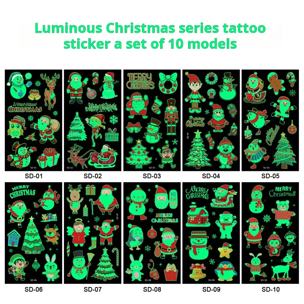 10Pcs Luminous Tattoos Christmas Tattoo Stickers Cartoon Waterproof Party Activities Festival Party Temporary Stickers