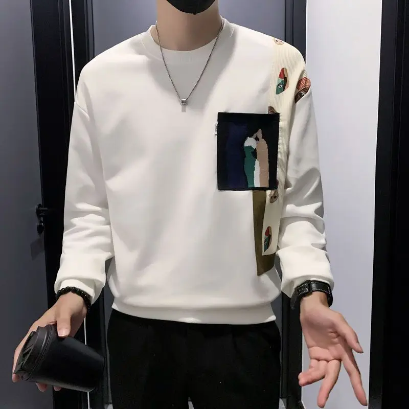 Fashion O-Neck Spliced Pockets Printed Casual Sweatshirts Men's Clothing 2023 Autumn Loose All-match Tops Korean Sweatshirts