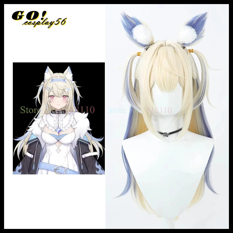 

Fuwawa Abssyguard Cosplay Wig Ears 70cm Long Hair Blue Mixed Blonde Vitual Idol Vtuber 2023 NEW Liver Headwear