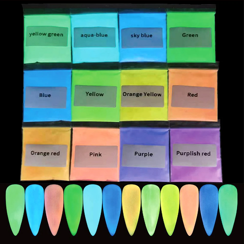10g*12pcs Glowing Green Blue Light Luminous Nail Art Glitter Powder Phosphor Pigment Noctilucent Long-Lasting Glow in Dark Dust