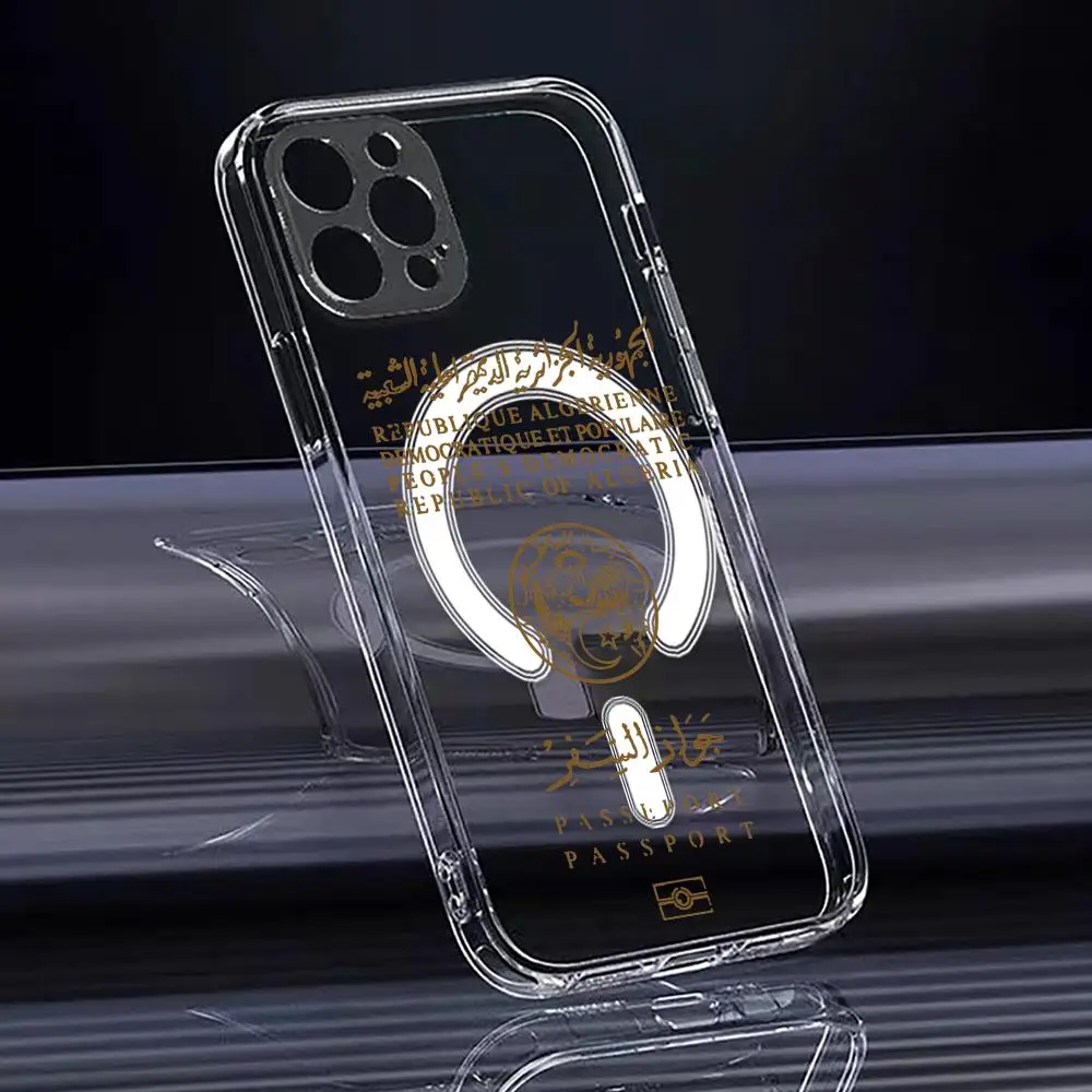 Algeria Passport Logo Magnetic Crystal Clear Phone Case with Wireless Charging Compatibility