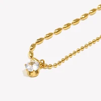 E.B.belle Asymmetric Round Bead Chain Zircon Pendant Necklace 18K Gold Plated Accessories 316L Stainless Steel Necklace
