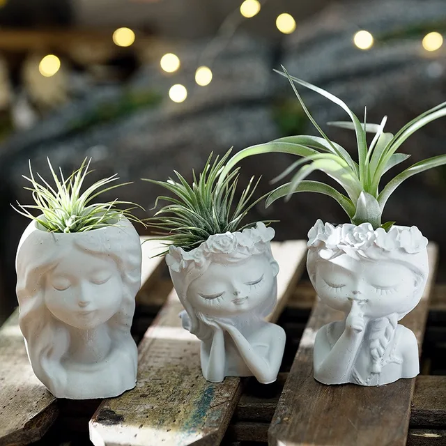 Pot de fleur en forme de tête de fille, moule en Silicone, Vase en béton, plâtre fait à la main, résine époxy, porte-stylo, moules, fournitures de décoration pour la maison 1