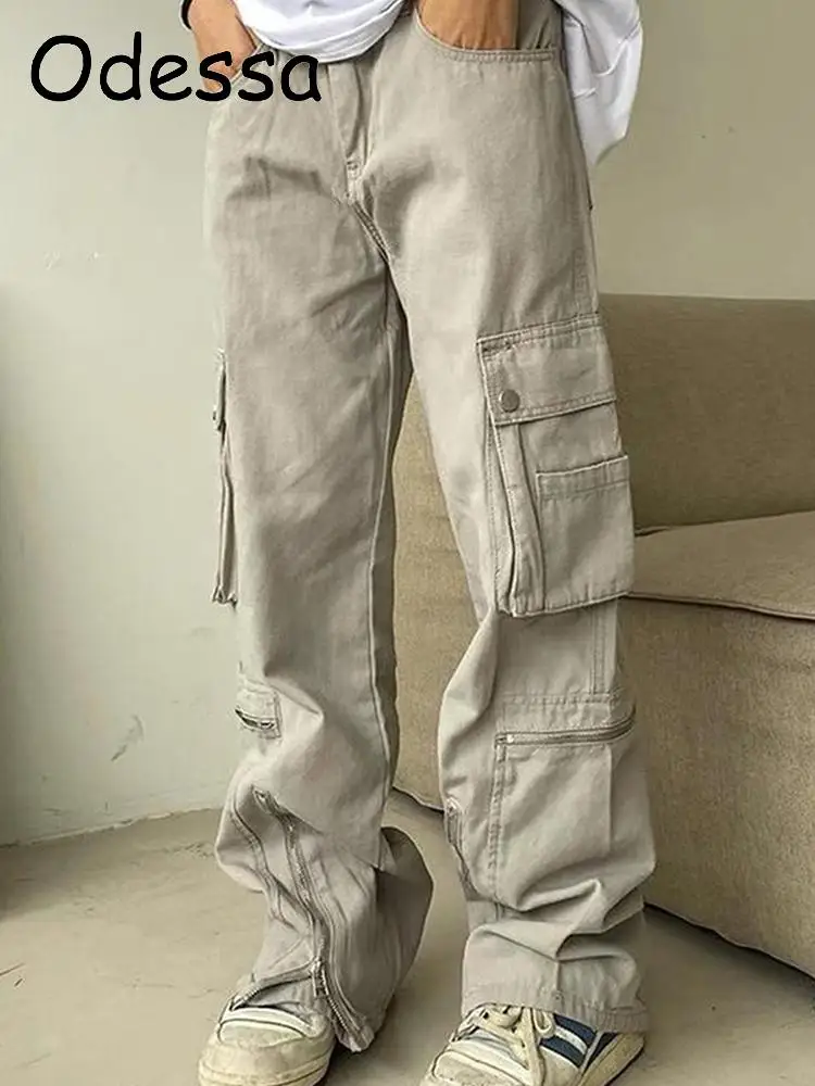 Odessa Vintage Cargo Pants Women's Low Waist Jeans Streetwear Pockets  Straight Wide Leg Trousers 2022 Denim Overalls Oversized - Pants & Capris -  AliExpress