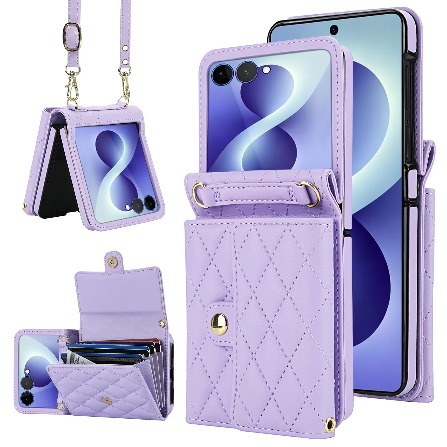 Luxury Foldable Leather Wallet Phone Case with Removable Crossbody Lanyard