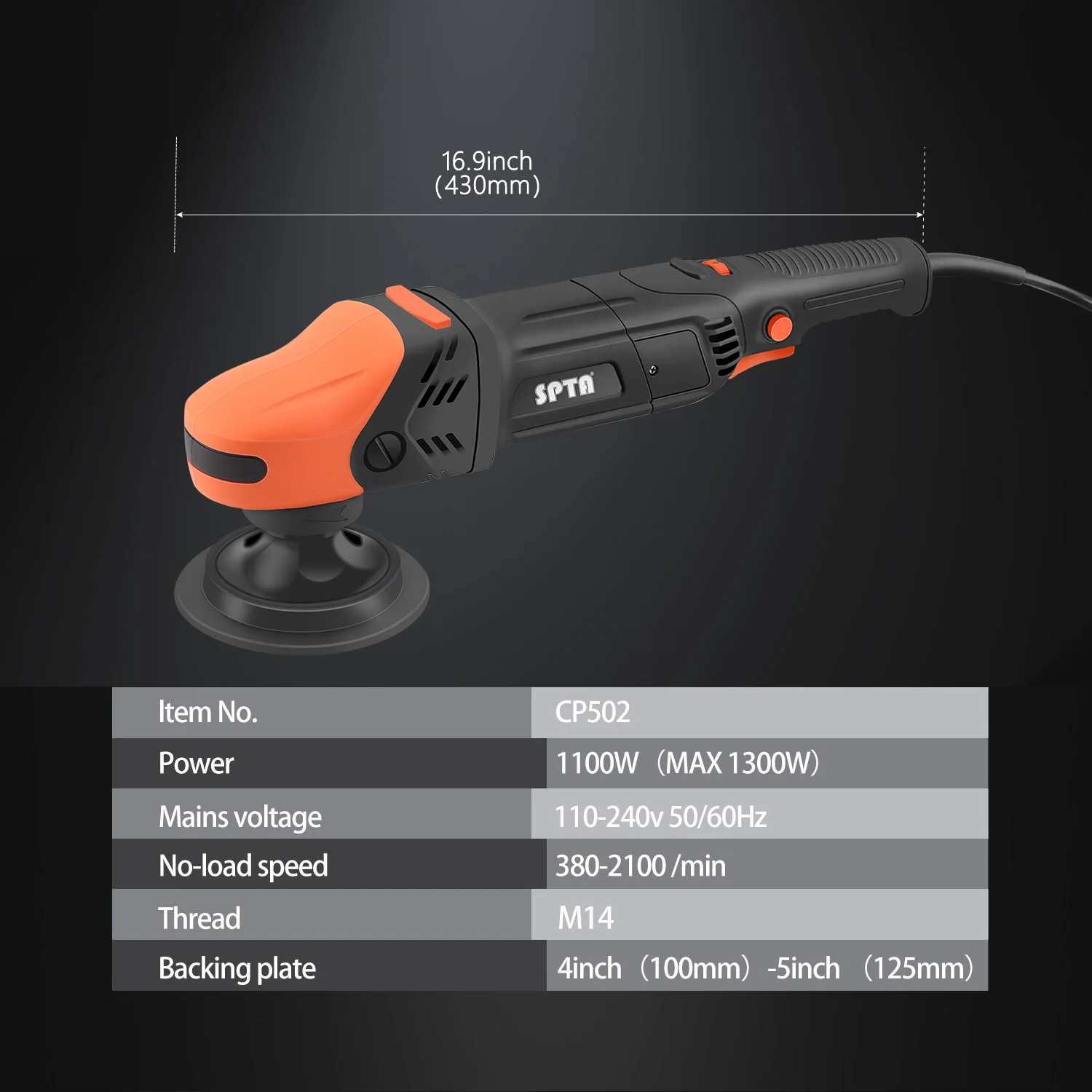 SPTA CP502 1100W Car Rotary Polisher 5-Meter Long Power Supply Cord Constant Speed Control Smooth Operation