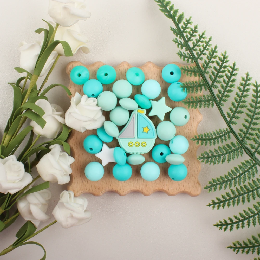 30Pcs/Set Silicone Beads Set Baby Cartoon Sailboat Star Round Shape Teething Beads Teether DIY Pacifier Clips Chian Accessories 5