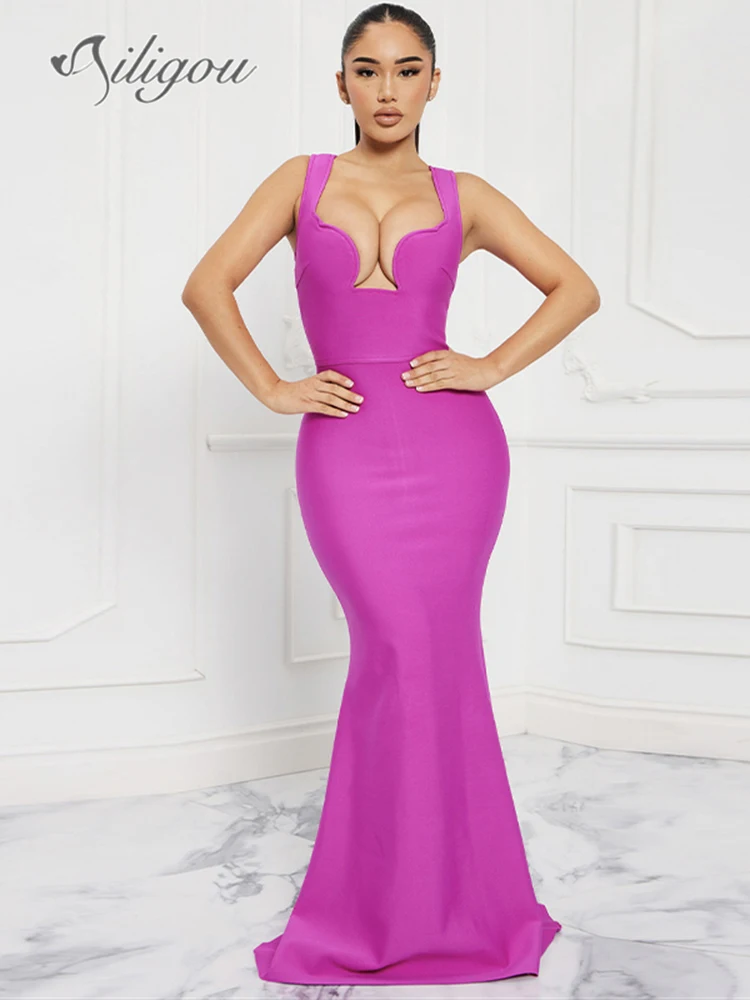 

Ailigou 2023 Summer New Women's Rose Long Bandage Dress Sleeveless Sexy V-Neck Club Party Midi Tight Elegant Dress