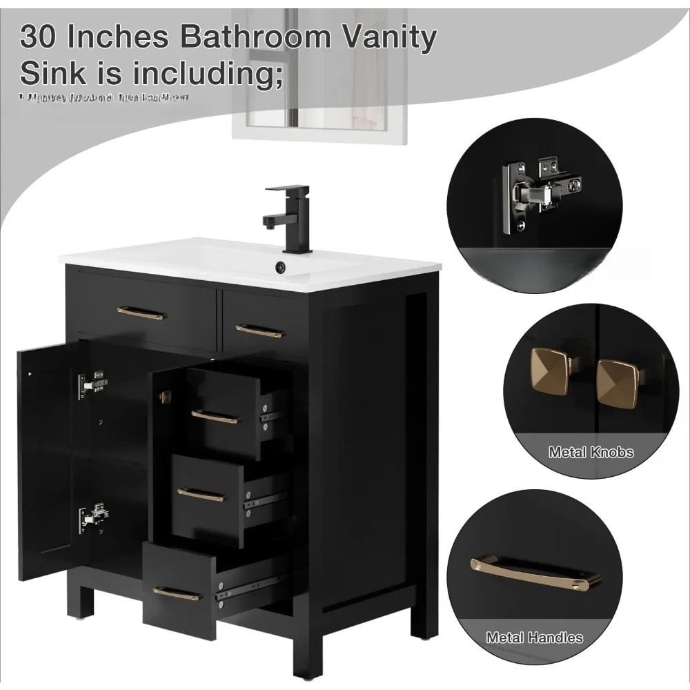 30" Bathroom Vanity with Sink Combo, Painted Modern Bathroom Storage Cabinet with Ceramic Sink, Two Doors and Three Drawers 4