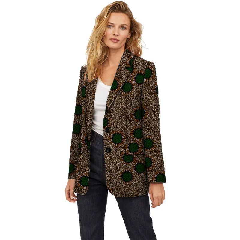 New Arrivals OL Turn Down Collar Blazer Ankara Women Suit Jackets African Wax Print Coats Casual Long Outerwear