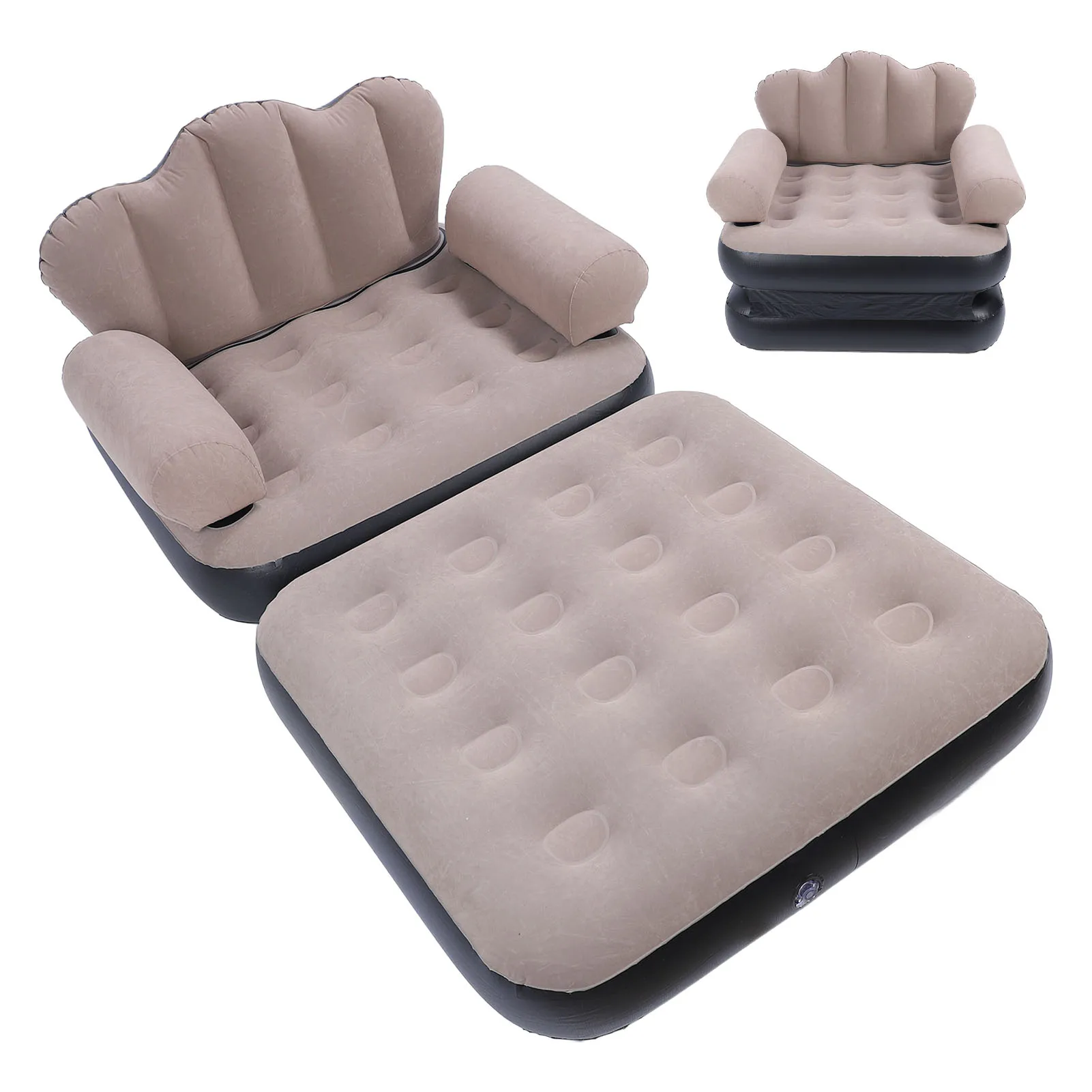 Inflatable Sofa Bed Portable Durable Foldable Thickened Flocked PVC Blow Up Couch Mattress for Home Travel Camping Coffee Color
