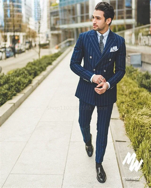 2 Piece Classic Navy Blue Striped Men's Suits Slim Fit Business Blazer Double Breasted Wedding Groom Tuxedos Set Terno Masculino