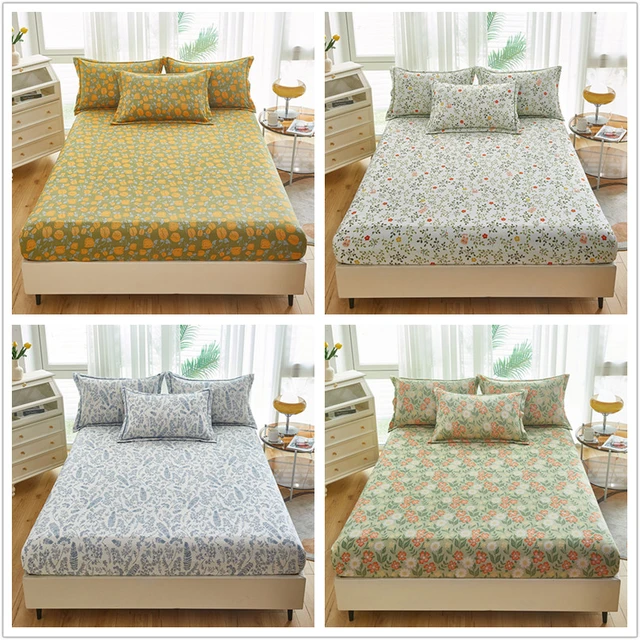 Washed Cotton Fitted Sheet Queen Size Floral Style Bedsheet