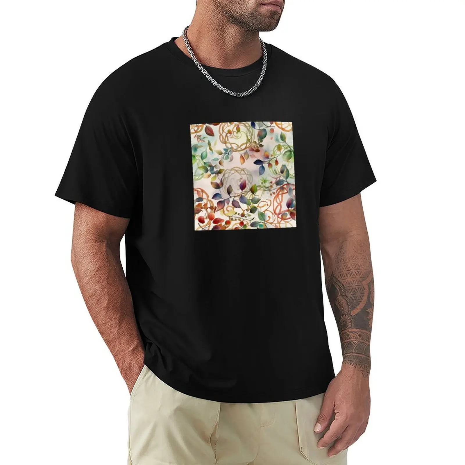 

Fall Colors Leaf Design - A Watercolor Pattern Inspired by Celtic Knotwork T-Shirt heavyweights graphics Short sleeve tee men